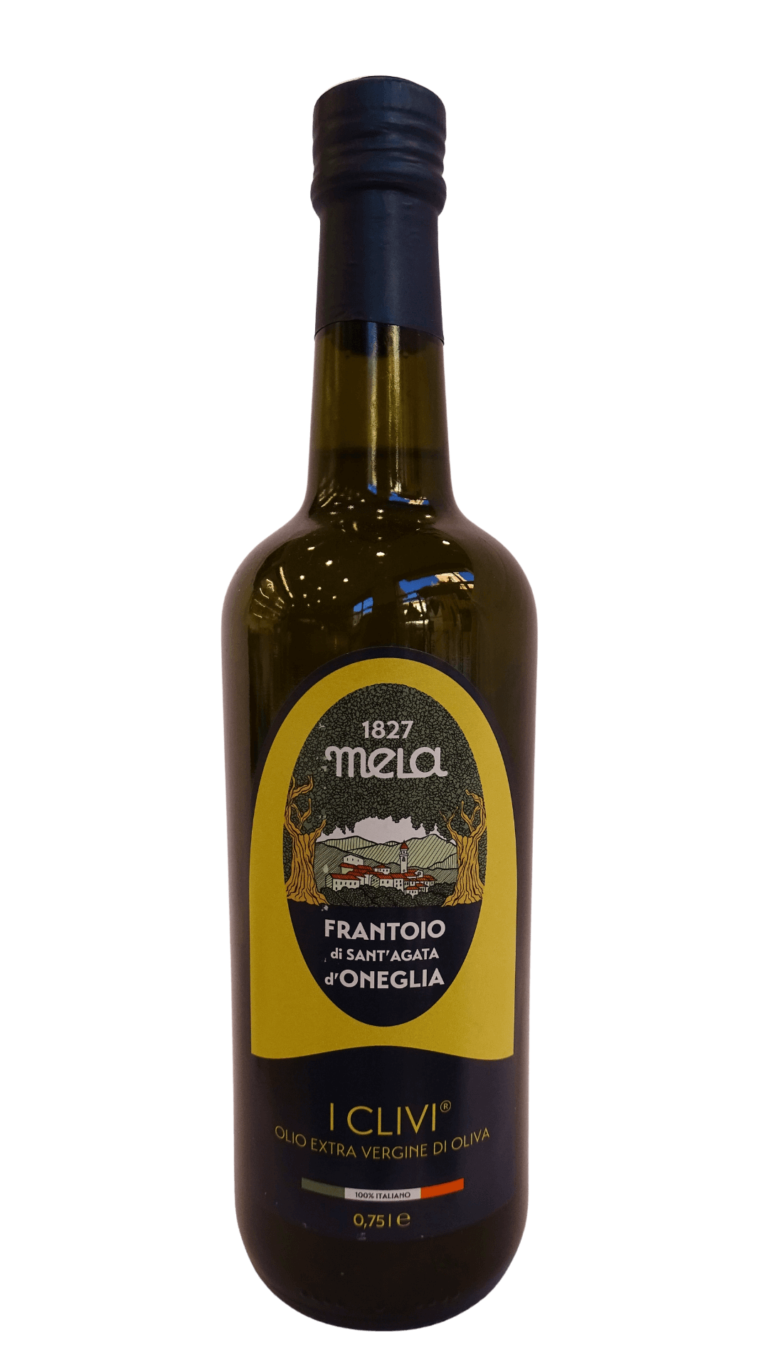 Bottiglia Olio Extravergine di Oliva I Clivi 0,75L Frantoio Sant'Agata d'Oneglia Mela 1827, 100% italiano, etichetta ovale oro e blu con paesaggio ligure