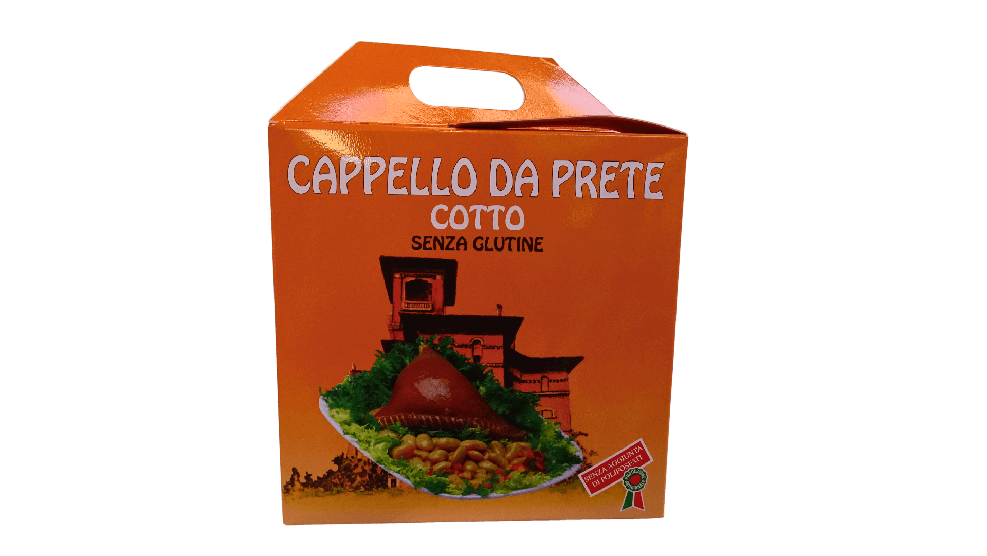 Confezione Cappello da Prete Cotto Senza Glutine Franceschini, scatola arancione con manico, illustrazione prodotto servito con lenticchie