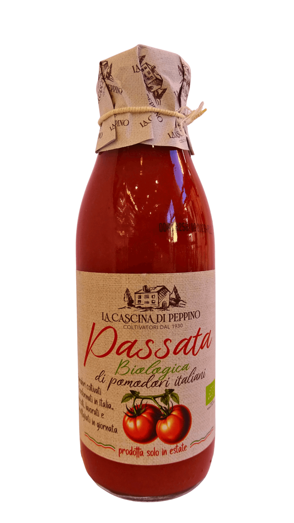 Passata Bio 500 g di La Cascina di Peppino in bottiglia di vetro, tappo avvolto in carta; etichetta con pomodori italiani e logo azienda.